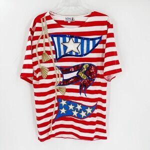 Sail Away Red & White Striped Embroidered Sequin Knit Top Women's Size Medium
